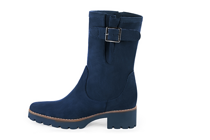 Navy blue women's ankle boots with buckles on the sides. Round toe. Low rubber soles. Profile view - Florence KOOIJMAN